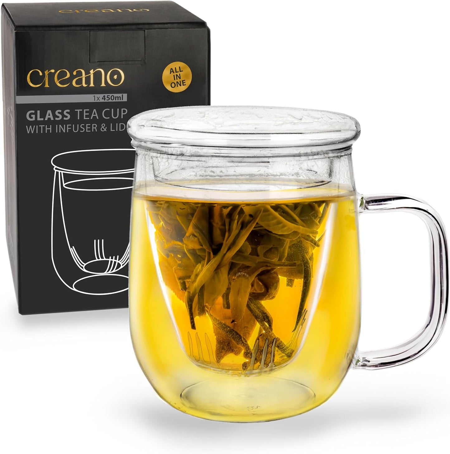 Creano Tea Glass with Infuser and Lid 400ml - Large Tea Cup - Microwave & Dishwasher Safe - Loose Leaf Tea Maker Gift Set