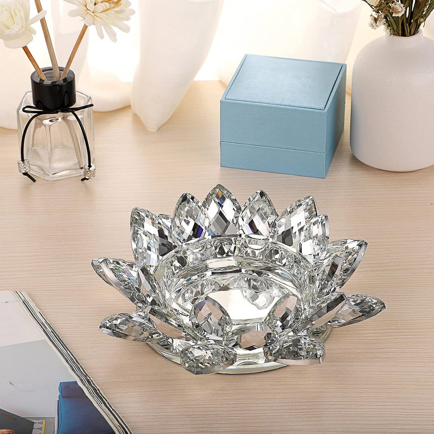 OwnMy Crystal Lotus Flower Candle Holder for Pillar Candles up to 3 Inch | Clear Lotus Flower Pillar Candle Holder Tea Light Holder, Glass Lotus Petal Votive Candle Stand for Wedding Party Home Decors