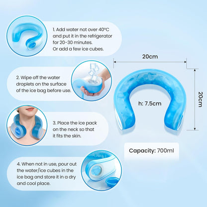 Neck Cooler for Hot Weather, Reusable Wearable Ice Water Neck Wrap with Wide Mouth for Ice Cubes, U-Shaped Cooling Neck Pack for Summer Heat, Outdoor Work, Sports, Travel & Hot Flashes, Blue