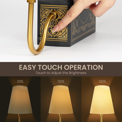 AELS Solid Wood Bookshelf Lamp with Bulb, Cordless Rechargeable Touch Dimmable Table Lamp with Linen Fabric Shade, Modern Decorative Bookend Lamp for Bedroom, Office & Bookshelf Decor, Dark Brown