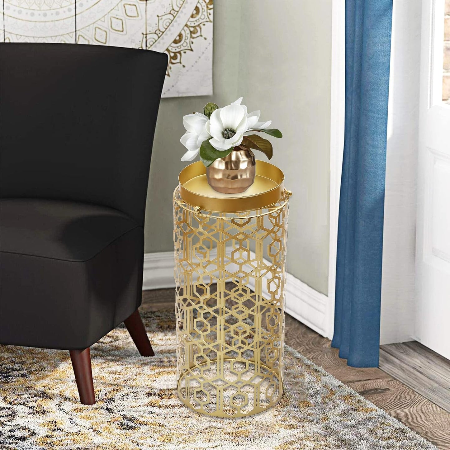 19" H Modern Metal Umbrella Stand for Entryway, Round Cane and Walking Stick Holder with Drip Tray, Elegant Home & Office Foyer Decor, Gold