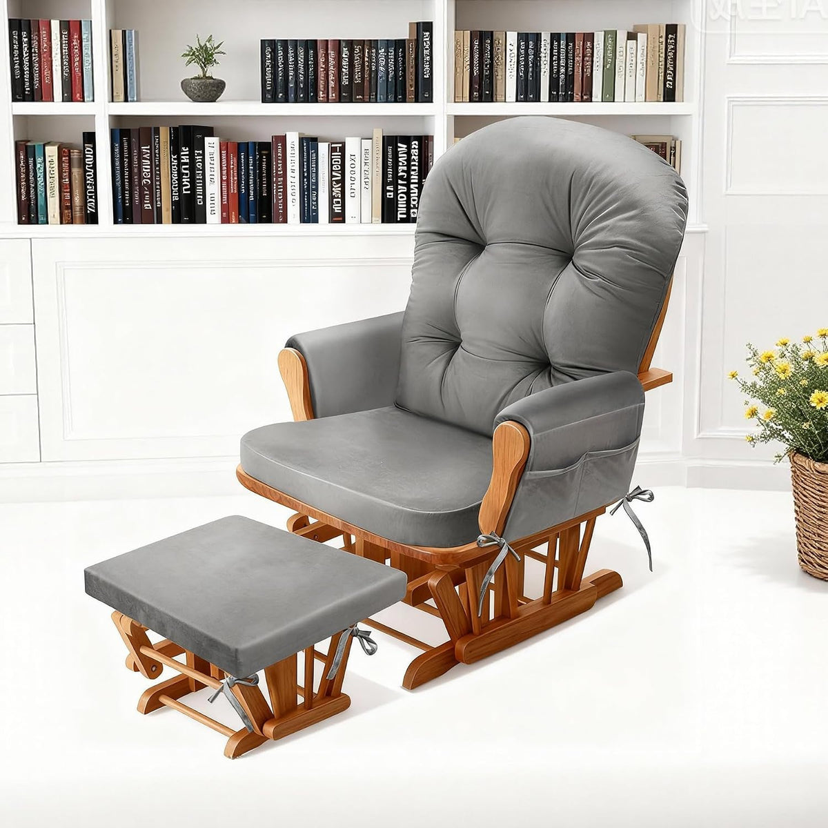 JZHLLA Glider Rocker Replacement Cushion Set with Storage Pockets Soft Flannel Fabric & High-Resilience Foam Non-Slip Back Rocking Chair Cushion for Living Room Rocking Chair(Beige)