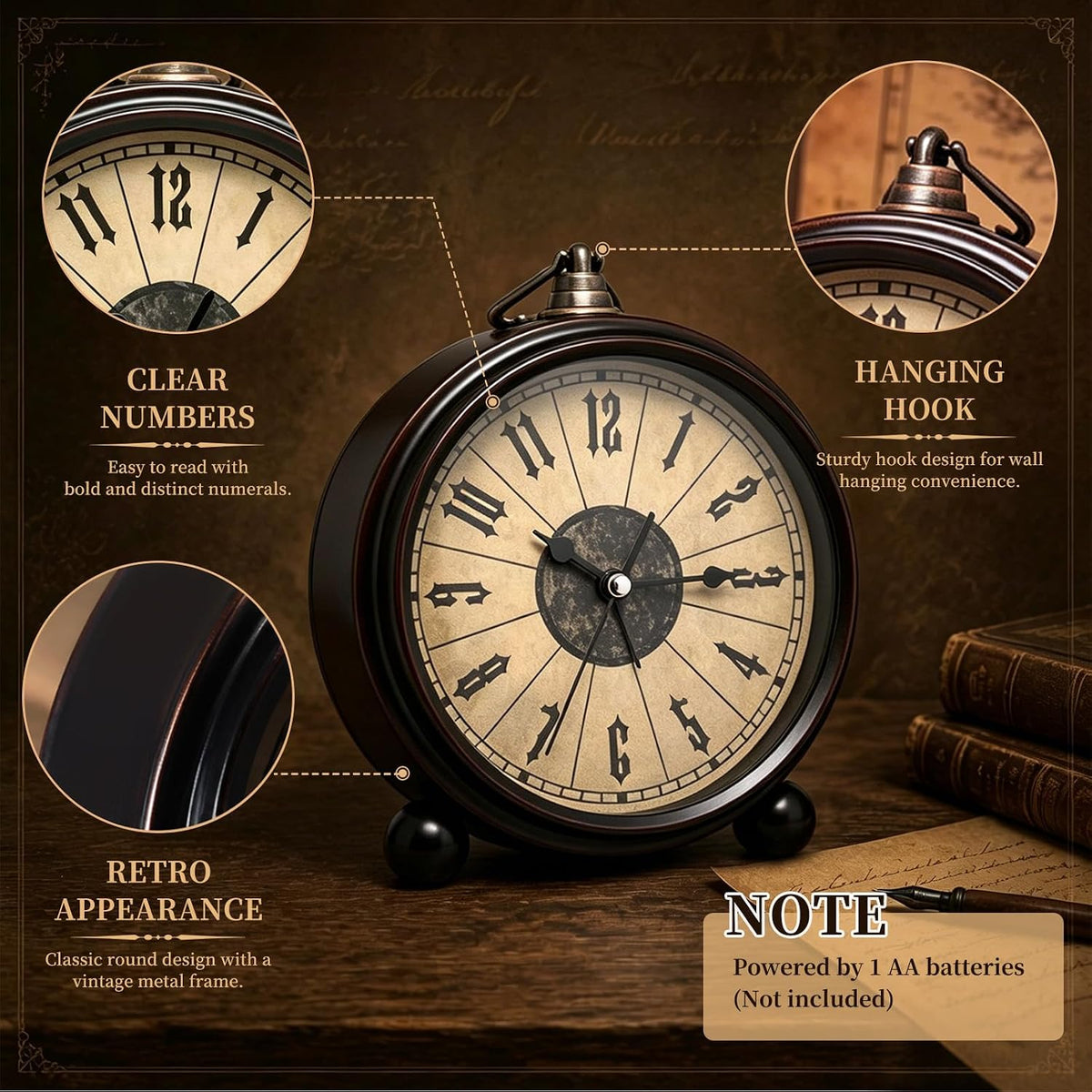 Metal Analog Alarm Clock - 5'' Battery Operated Silent Non-Ticking Quartz Antique Retro Small Desk Clocks for Bedside Bedrooms Living Room Office Home Decor (Bronze)