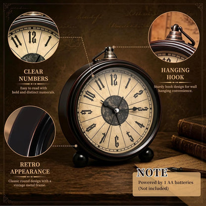 Metal Analog Alarm Clock - 5'' Battery Operated Silent Non-Ticking Quartz Antique Retro Small Desk Clocks for Bedside Bedrooms Living Room Office Home Decor (Bronze)