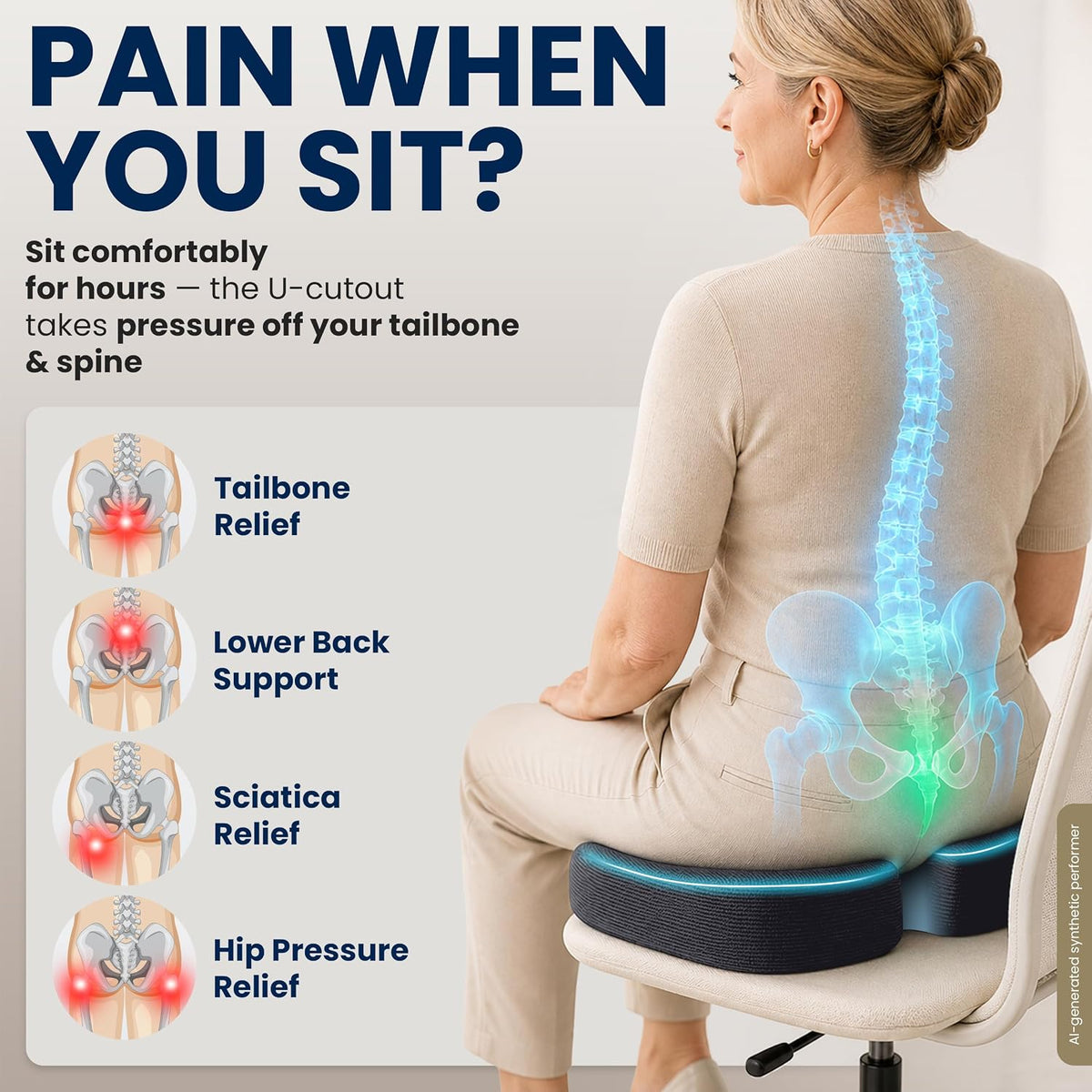 5 STARS UNITED Seat Cushion - Memory Foam Chair Cushion for Tailbone Pain Relief - Ergonomic Support for Coccyx, Sciatica & Butt - Office, Desk & Gaming Chair, Car Seat, Wheelchair, Airplane, Black