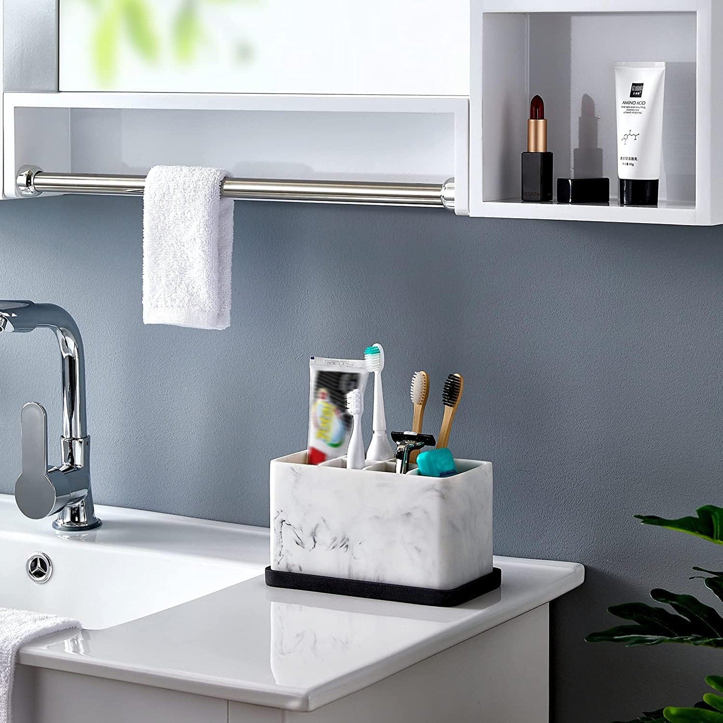 Marble Look Toothbrush Holder for Bathroom Countertop Organizer, Holds Toothpaste, Dental Floss, Razor, Comb, Makeup Brushes, and More, Stylish Bathroom Accessory for Tooth Brushing Essentials