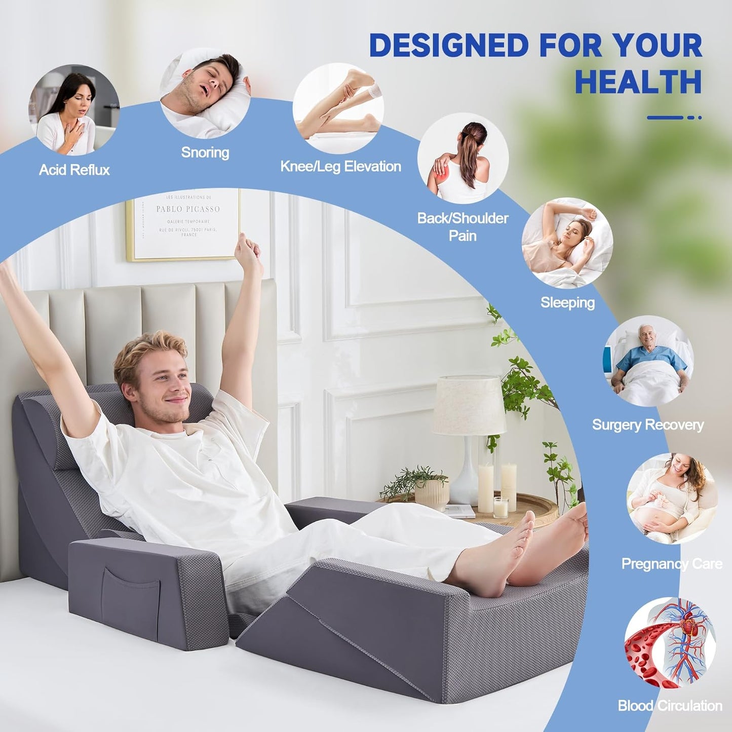 4PCS Bed Wedge Pillow Set for After Surgery, Orthopedic Wedge Pillows for Sleeping, Back, Neck and Leg Pain Relief, Adjustable Memory Foam Support Pillows for Acid Reflux, GERD & Snoring, Grey