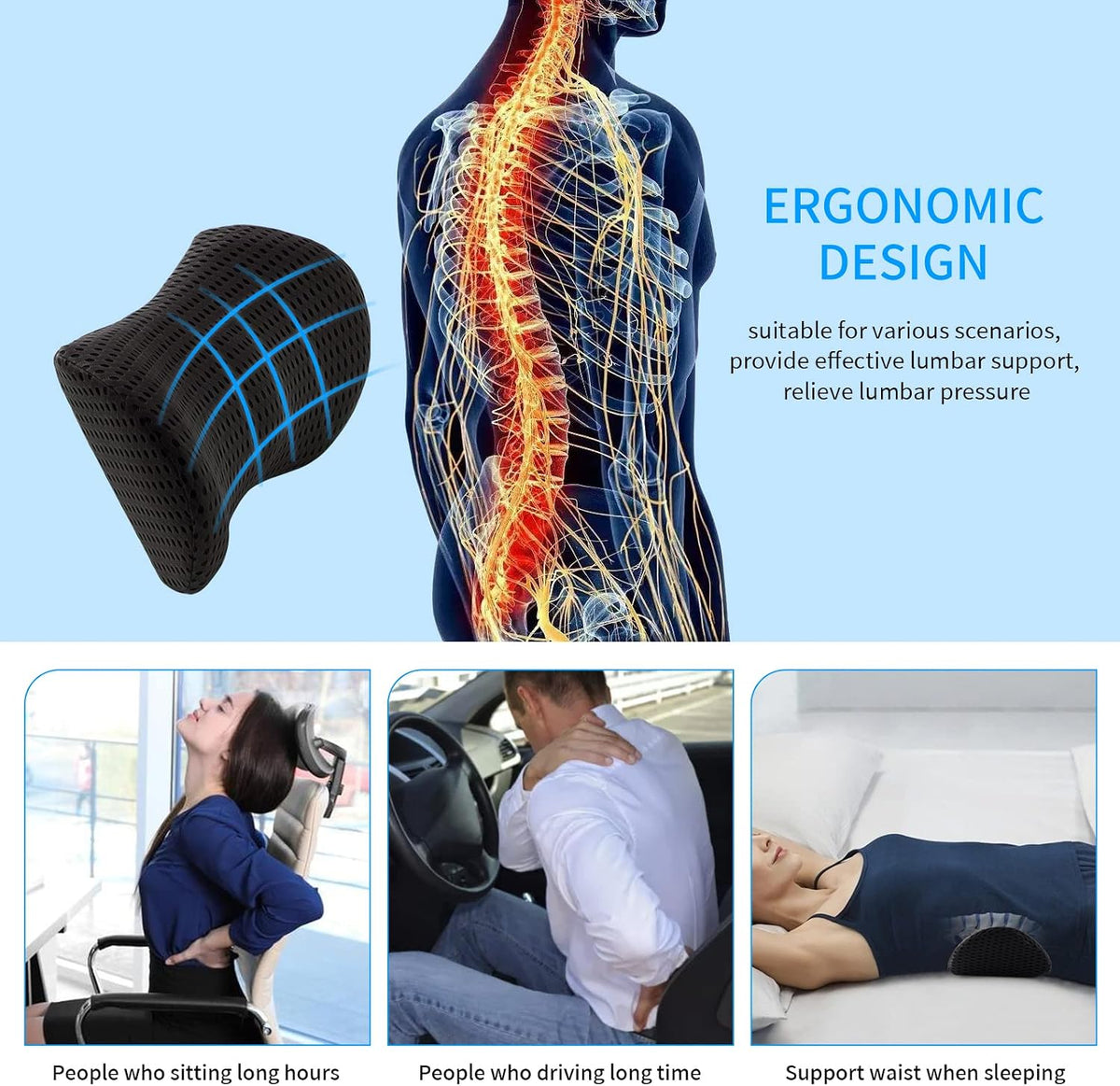 Lumbar Pillow, Memory Foam Lumbar Support Pillow for Office Chair and Car Seat, Ergonomic Streamline Back Pillow for Lower Back Pain Relief, Back Support Pillow for Sitting, Driving, Traveling