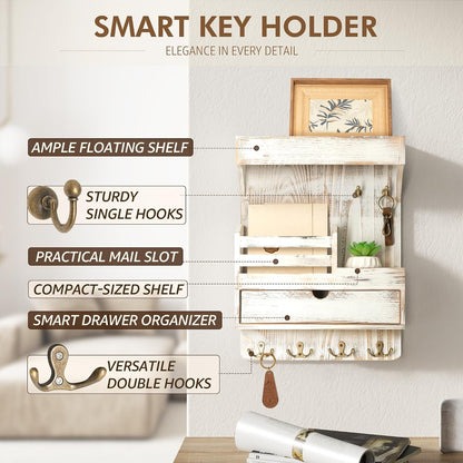 Rebee Vision Key Holder Wall Mount with Drawer Organizer for Entryway,Brown | Pine Wood, 6 Key Hooks, Display Shelf for Plants, Mail Slot for Storage Letter, Multi-Funtional Design, Home Storage