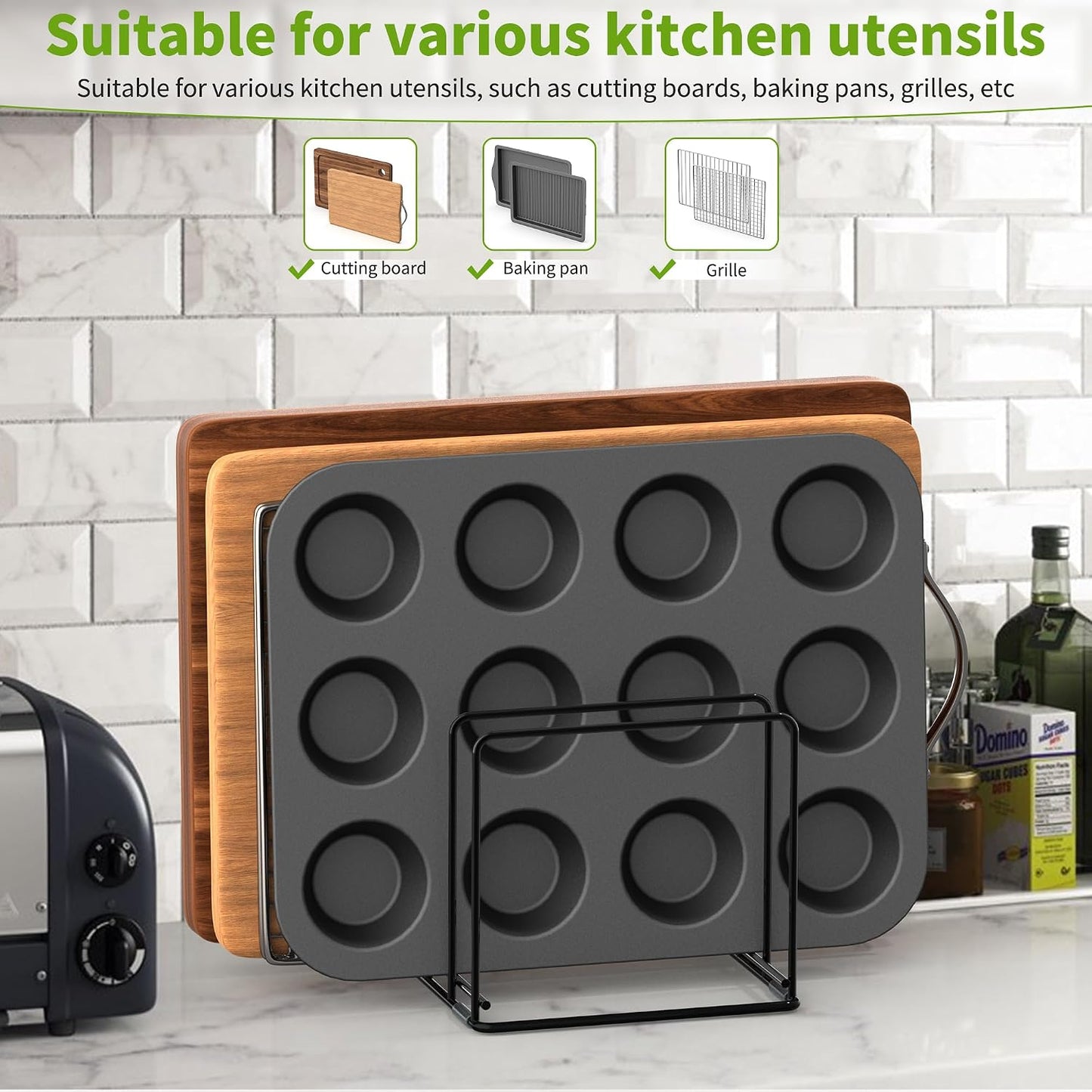Kitchen Organizer Rack - 4-Slot Heavy-Duty Holder for Cutting Boards,Cookware – Rust-Resistant, Space-Saving Design with Non-Slip Feet for Countertop and Cabinet Storage (1 Pack)
