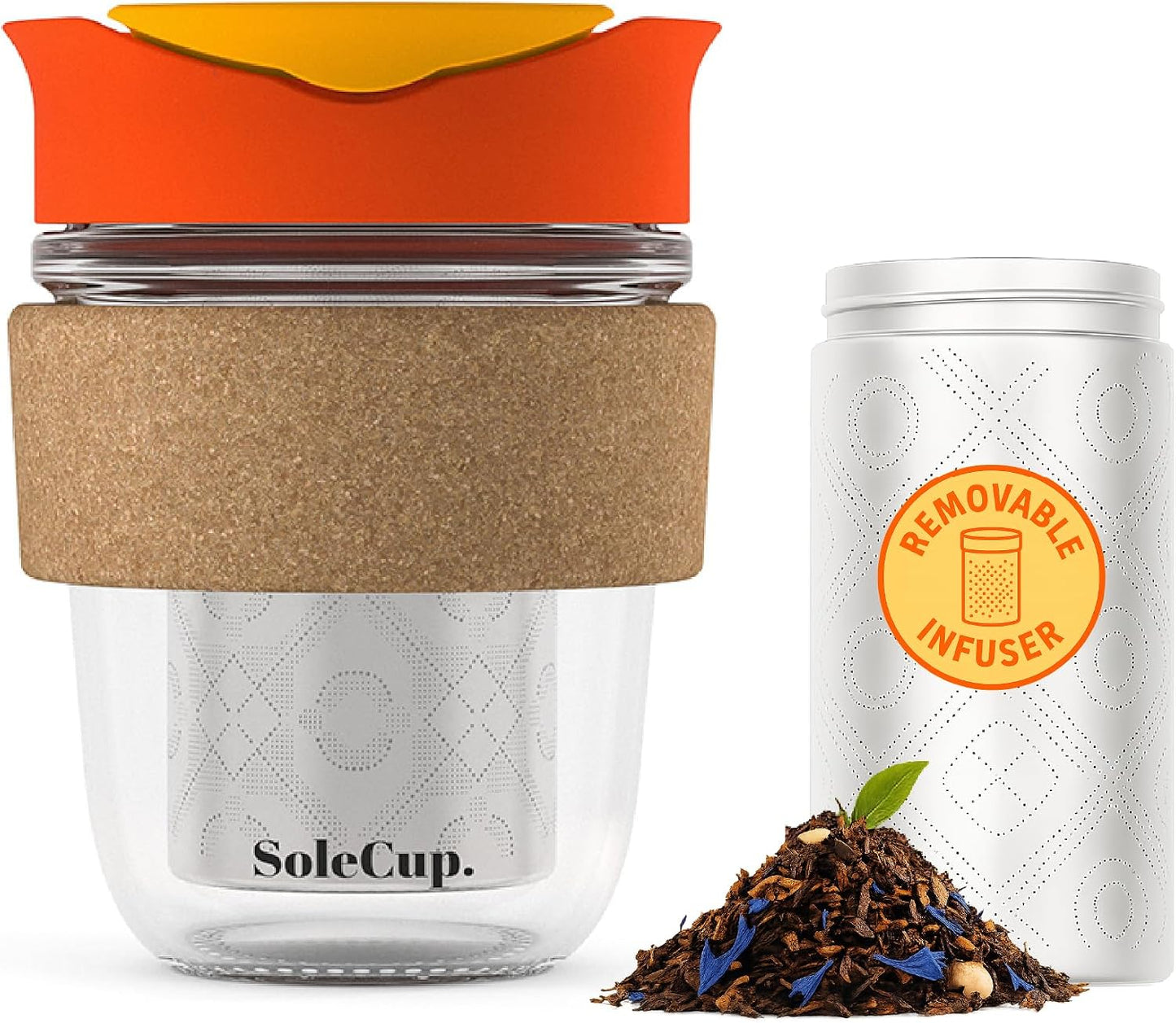 Large Travel Mug Loose Tea Infuser - Detachable Tea Strainer with Spill Proof Lid - 18oz/530ml BPA-Free Reusable Glass Travel Coffee Cup with Cork Band (Pink, 18oz)