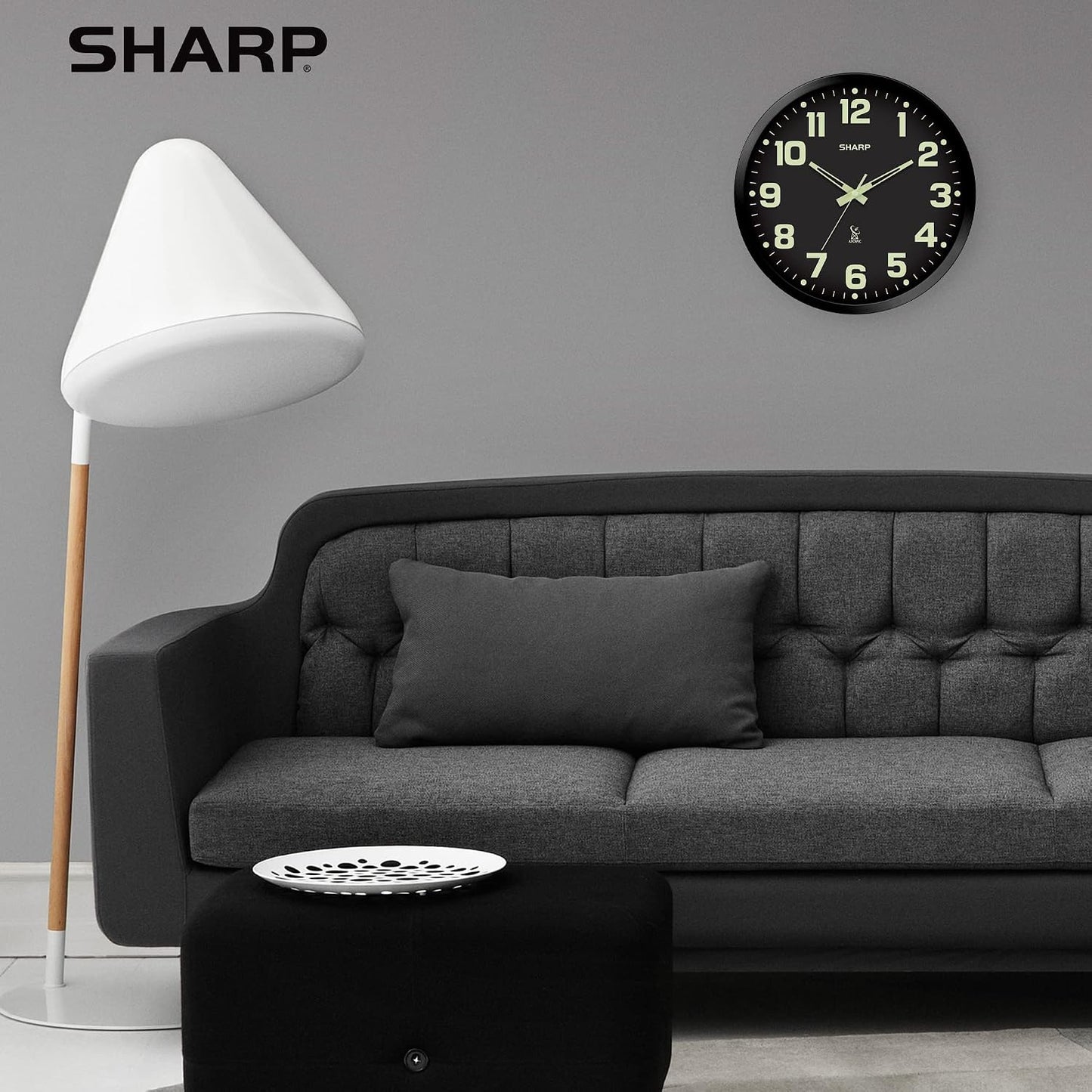 Sharp 12-Inch Atomic Wall Clock, Battery Operated, White with Black Frame | Self-setting atomic time; Easy-read analog face; Automatic time adjustment; Simple setup; Versatile home or office style