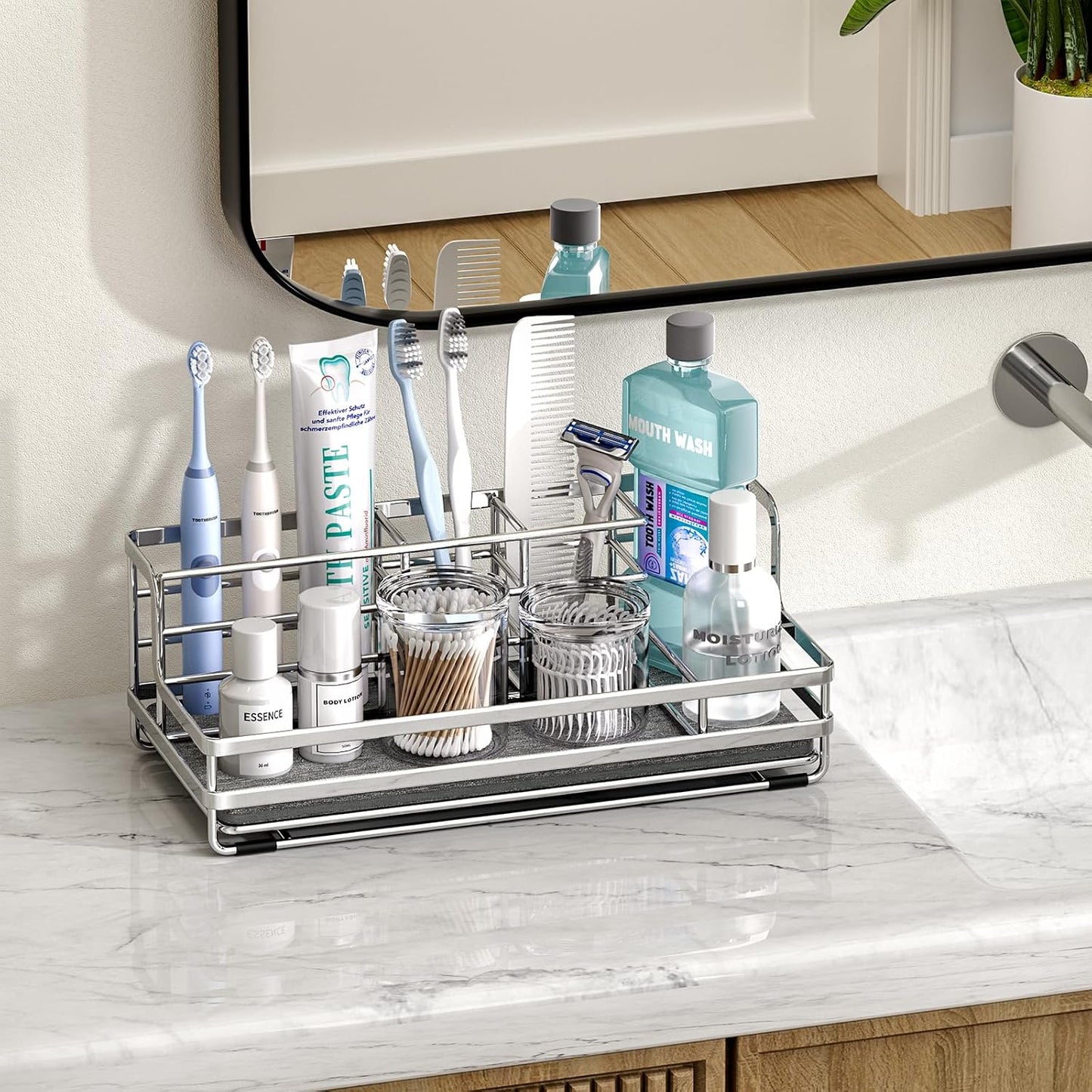 HapiRm Toothbrush Holders for Bathroom - 5 Partitions Bathroom Counter Organizer with Instant Drying Stone, Stainless Steel Countertop Storage Electric Toothbrush Toothpaste Holder - Black