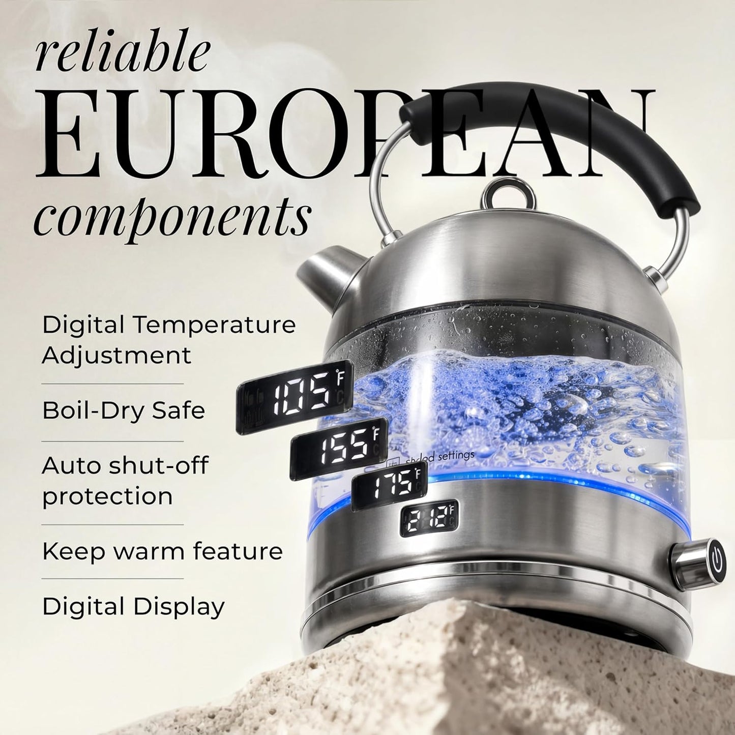 Styled Settings Stainless Steel Electric Kettle with Temperature Control | BPA and Plastic Free Electric Kettle with Keep Warm Function, Borosilicate Glass -1500W Hot Water Boiler with Digital Display