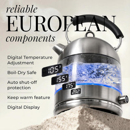 Styled Settings Stainless Steel Electric Kettle with Temperature Control | BPA and Plastic Free Electric Kettle with Keep Warm Function, Borosilicate Glass -1500W Hot Water Boiler with Digital Display