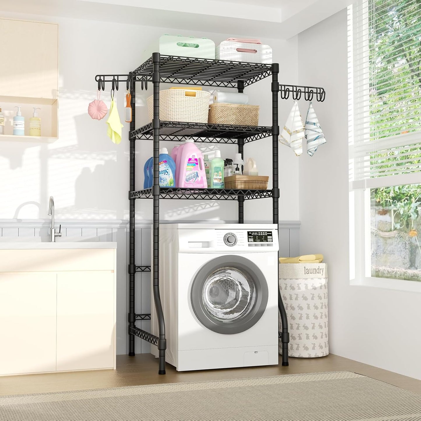 U8 Medium Laundry Room Storage Organizer, Over the Washer and Dryer Storage Shelves for Laundry Organization, 32.3”W x 17.3”D x 76.2”H, Suit Washing Machine Width within 29.9”, Hold 304 lb, Black