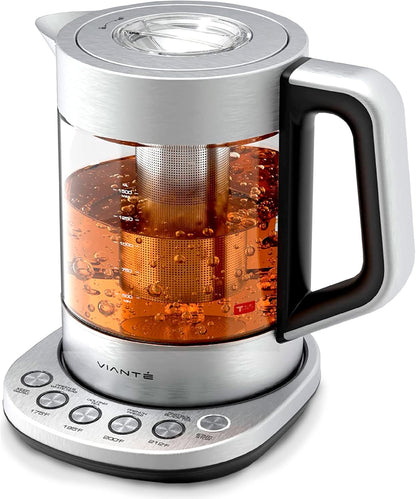 Viante Alba Electric Tea Kettle With Infuser, No Plastic, 1.5L | Borosilicate glass & 304 stainless steel construction. 4 temp presets, keep-warm, cordless, auto shut-off