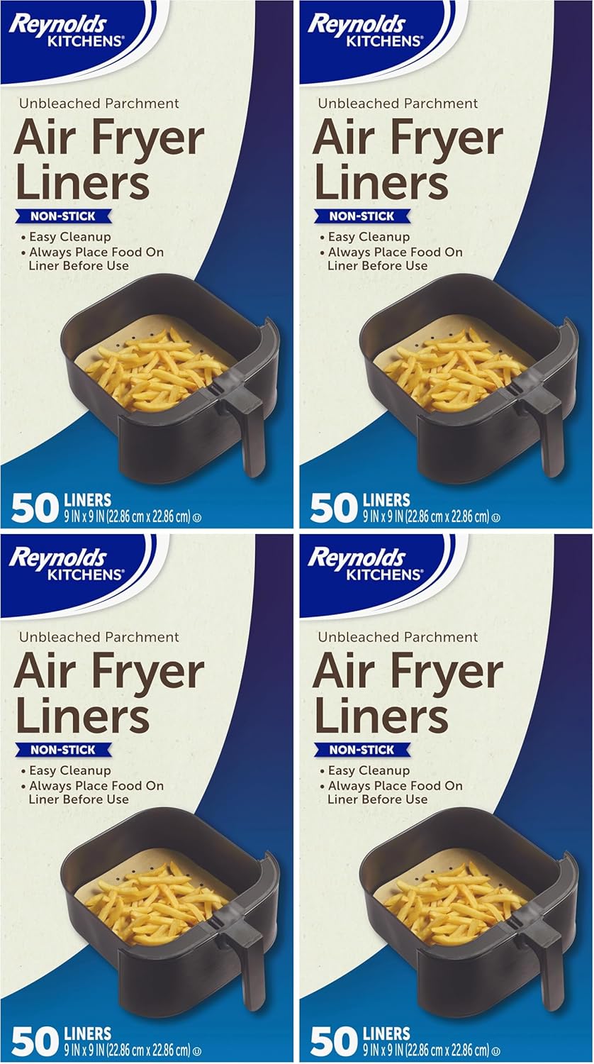 Reynolds Kitchens Air Fryer Liners Disposable, Unbleached Parchment Paper Sheets, 50 Count | Pre-Cut Disposable Parchment Paper Sheets, Fits Round and Square Air Fryers, Safe Up To 400F, Perforated For Better Airflow