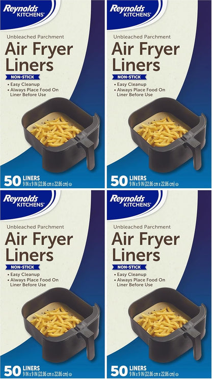 Reynolds Kitchens Air Fryer Liners Disposable, Unbleached Parchment Paper Sheets, 50 Count | Pre-Cut Disposable Parchment Paper Sheets, Fits Round and Square Air Fryers, Safe Up To 400F, Perforated For Better Airflow
