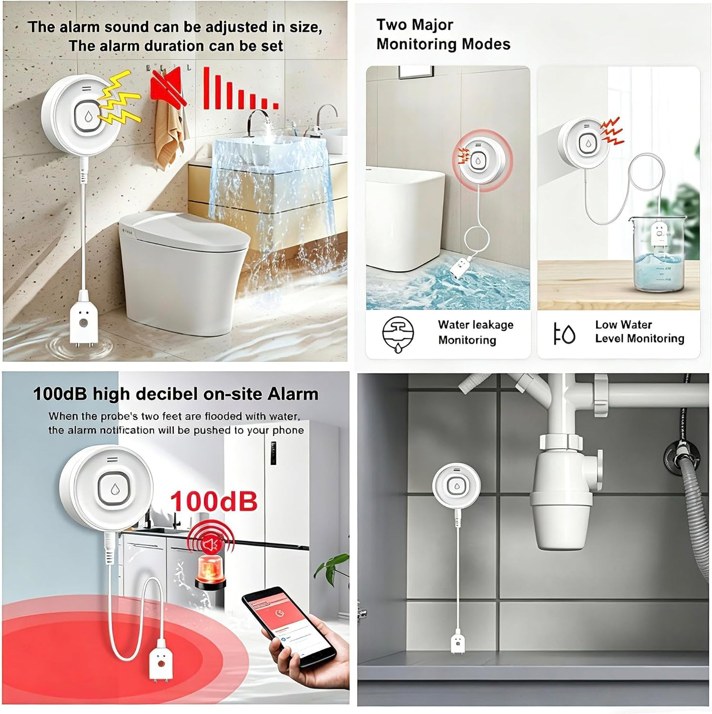 Wi-Fi Water Leak Detector, 100dB Adjustable Audio Alarm Sensor, Sensitive Leak & Drip Alert with Remote Email & APP Notification, for Home and Basement 2PCS