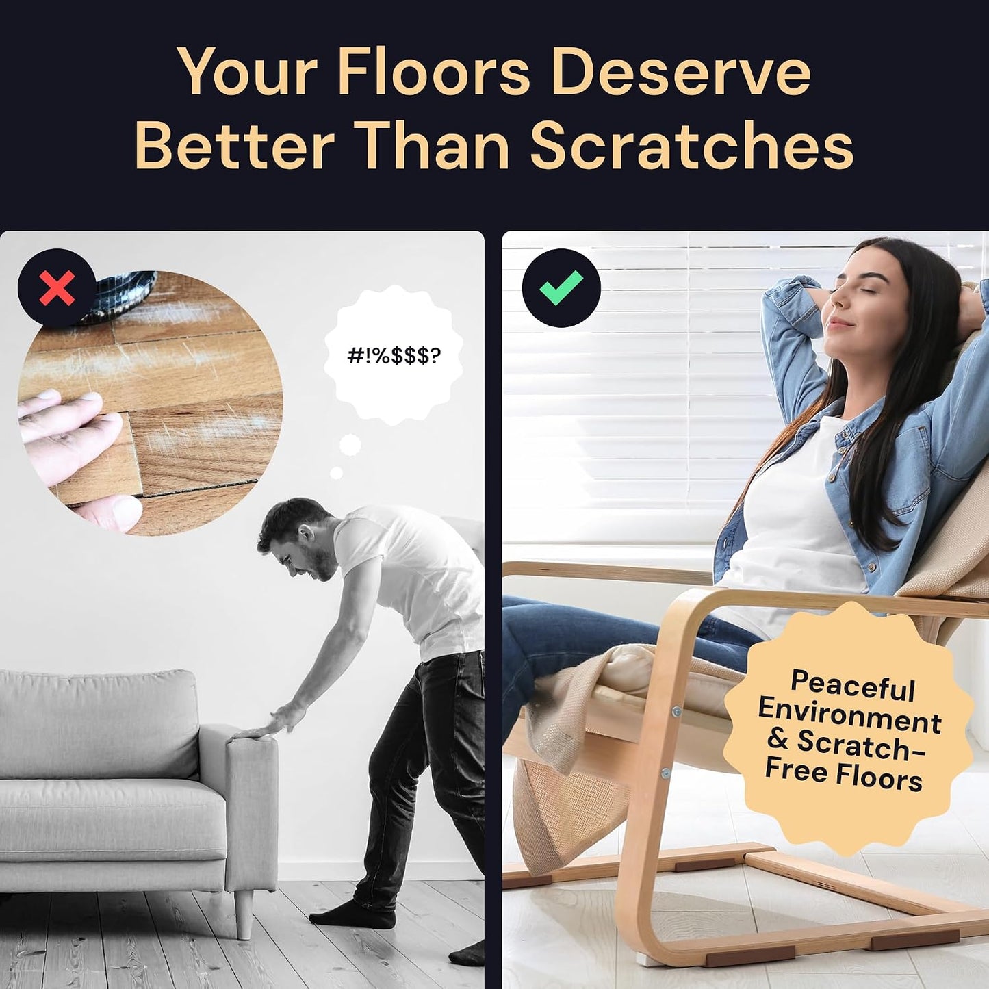 Non-Slip Furniture Pads - 4x4 in Brown, 4 Pack | Square rubber caster cups - anti-skid - Use for heavy sofas, beds & chairs on hardwood floors