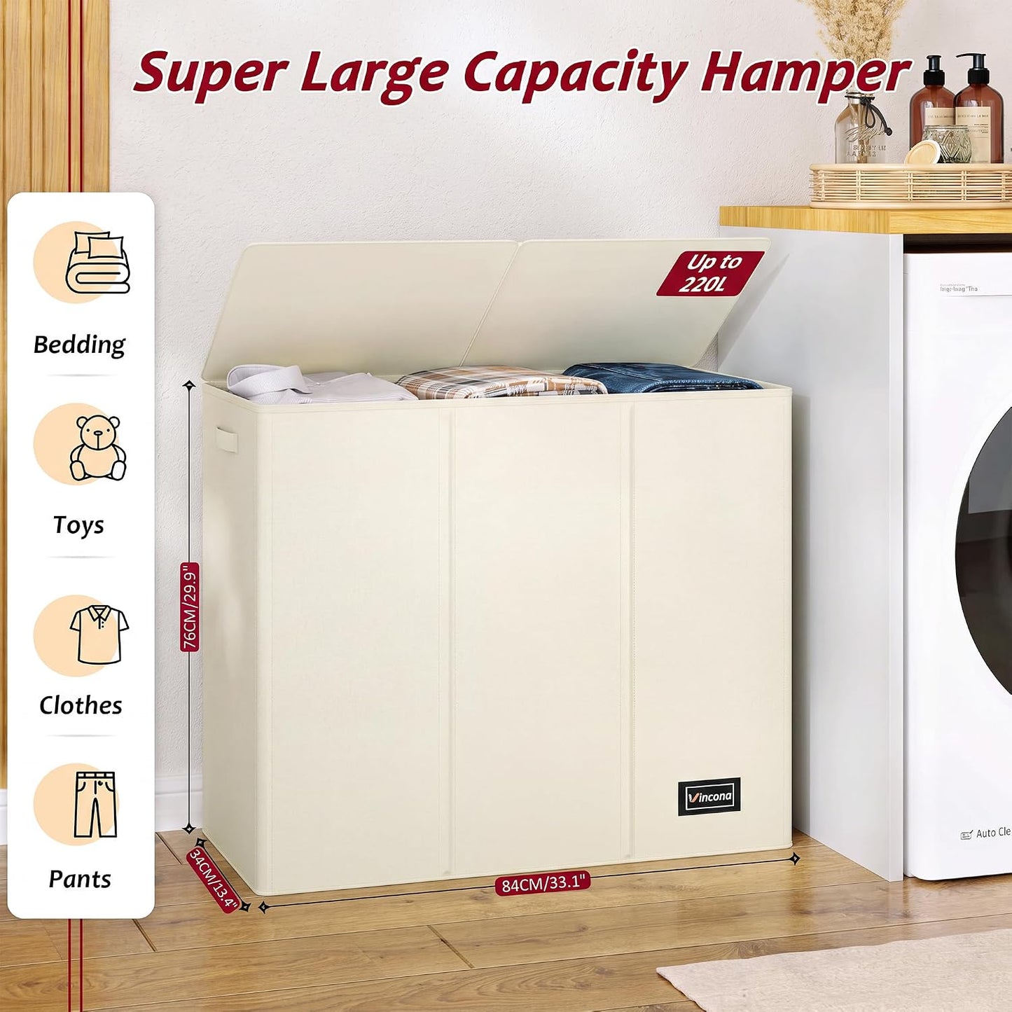 195L Laundry Hamper 3 Section,Large Laundry Hamper with Lid,Dirty Clothes Hamper with 3 Inner Bags,Collapsible Laundry Basket Organizer for Laundry Room,Bedroom,Laundry Sorter Hamper 3 Compartment
