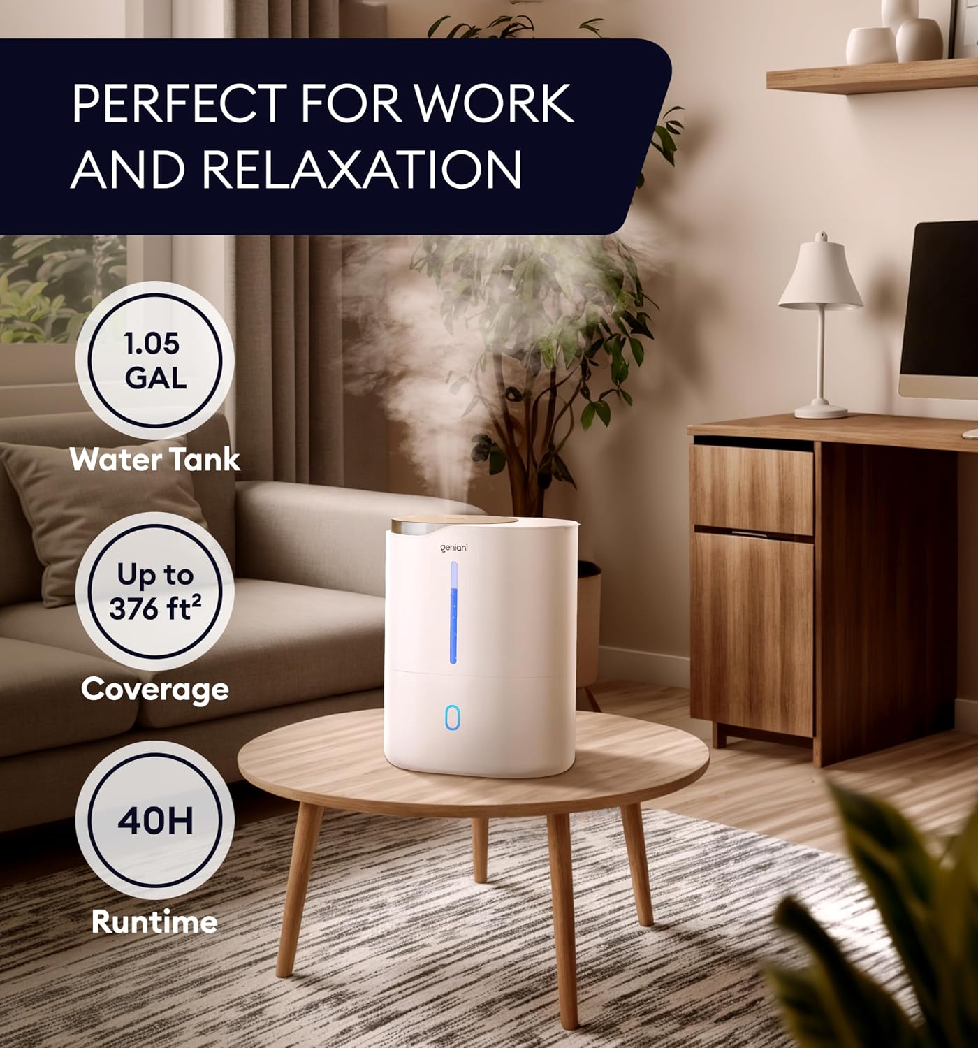 GENIANI Cool Mist Air Humidifiers for Bedroom, Plants, and Large Rooms - Quiet Humidifiers for Baby Room with Auto Shut Off & Night Light (3.9L, White)