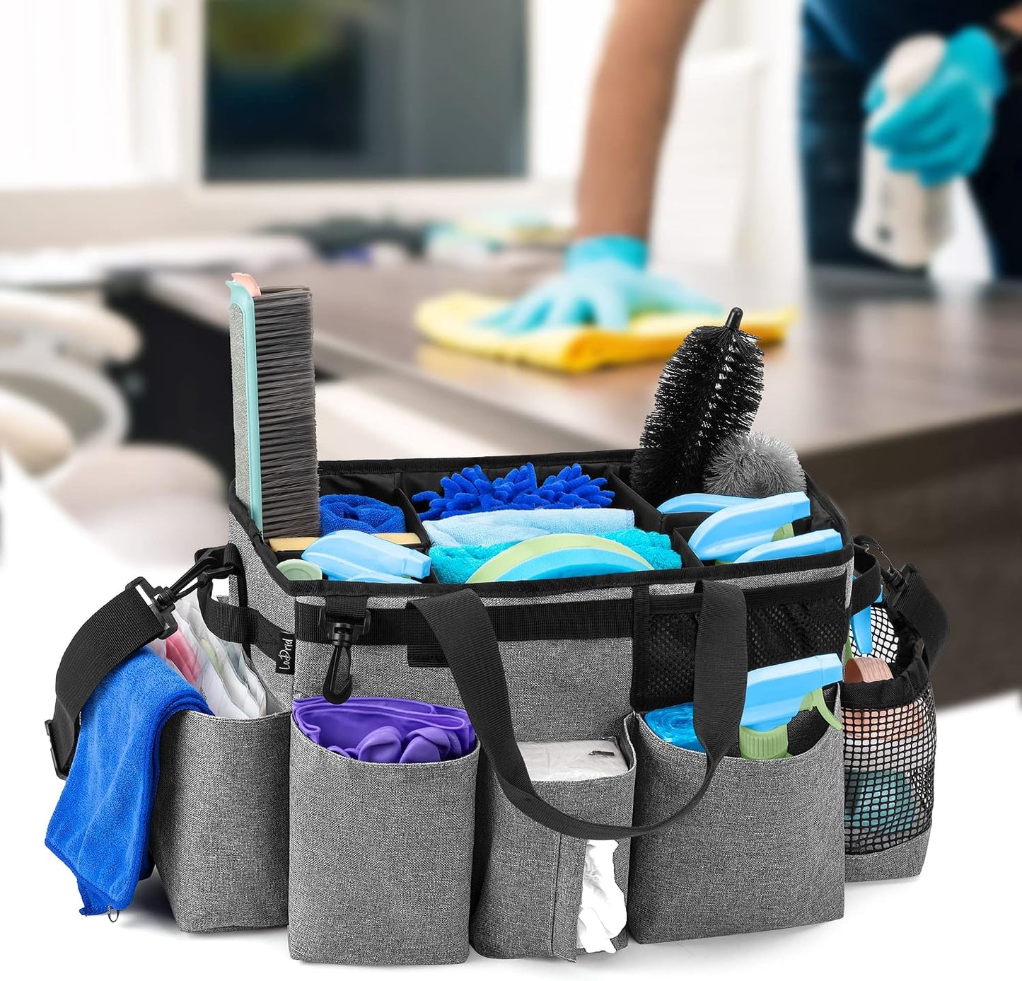 LoDrid Wearable Cleaning Caddy Bag with 4 Foldable Dividers, Black | Cleaning Supply Organizer with Shoulder Strap and Side Handles for Cleaners & Housekeepers