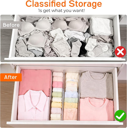 4 Pack 4" High Drawer Dividers for Clothes, 10.2"-16.5" Expandable | Dresser Drawer Organizers, Adjustable Plastic Clear Drawer Separators for Kitchen, Baby Clothing, Socks & Underwear Storage
