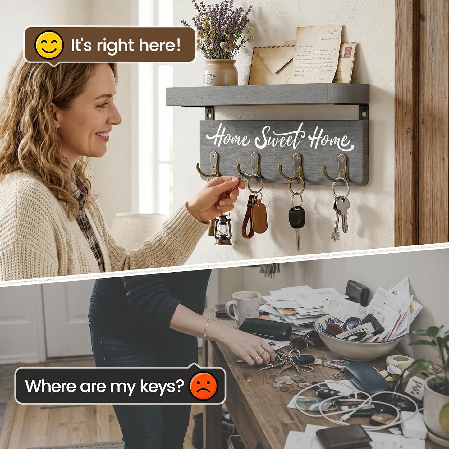 buways Key Holder Wall Mount with 8 Hooks and Cozy Home Sign (Gray) | Solid Wood, Floating Shelf for Keys, Mail, and Daily Essentials in Entryways, Hallways or Home Decor