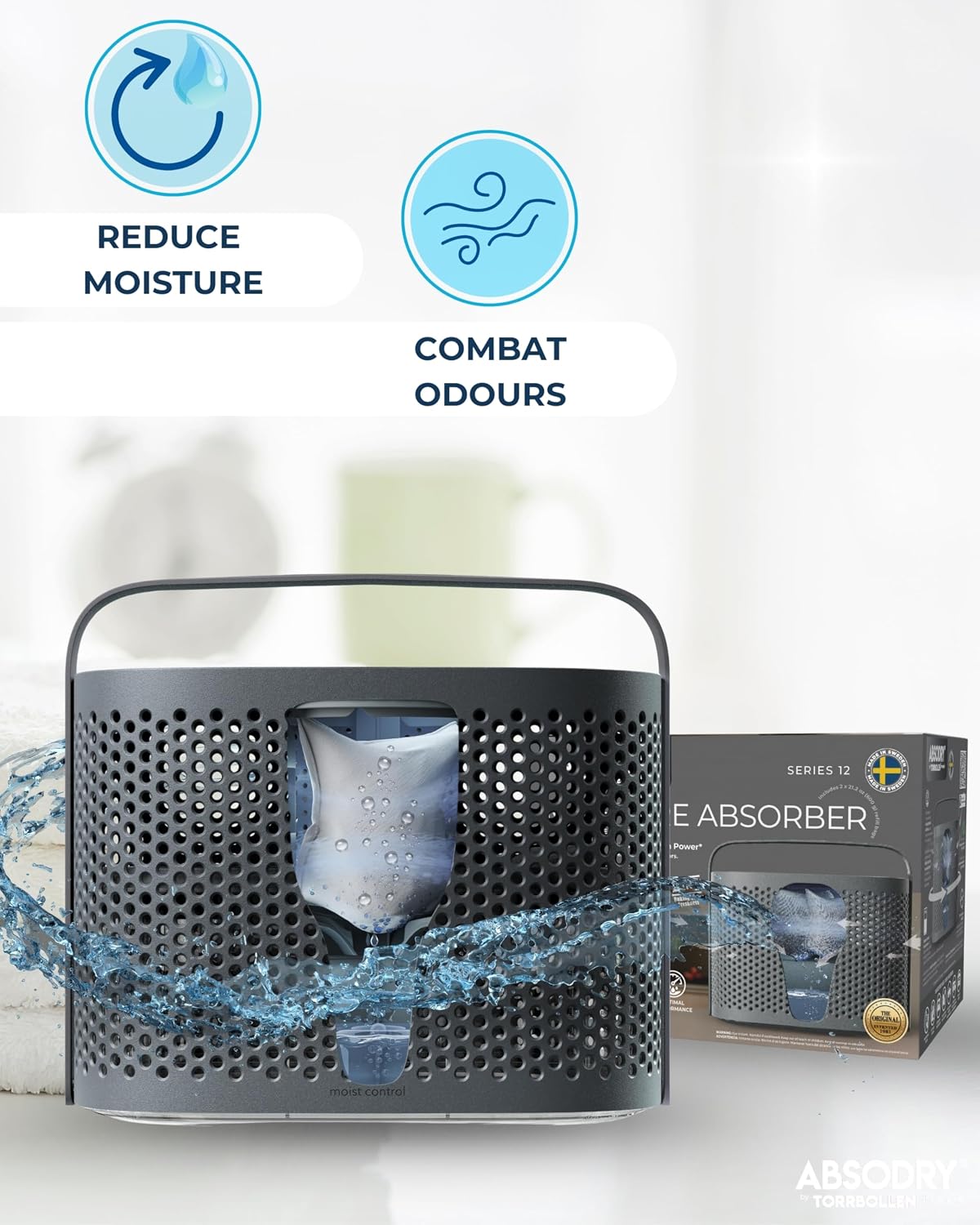 Closet dehumidifier - Absodry by Torrbollen Moisture Absorber 1.3lb Bag — Dehumidifier for Bedroom, humidity absorber, Air Freshener and Purifier for Home Up to 90 Days, 269 ft² (White)