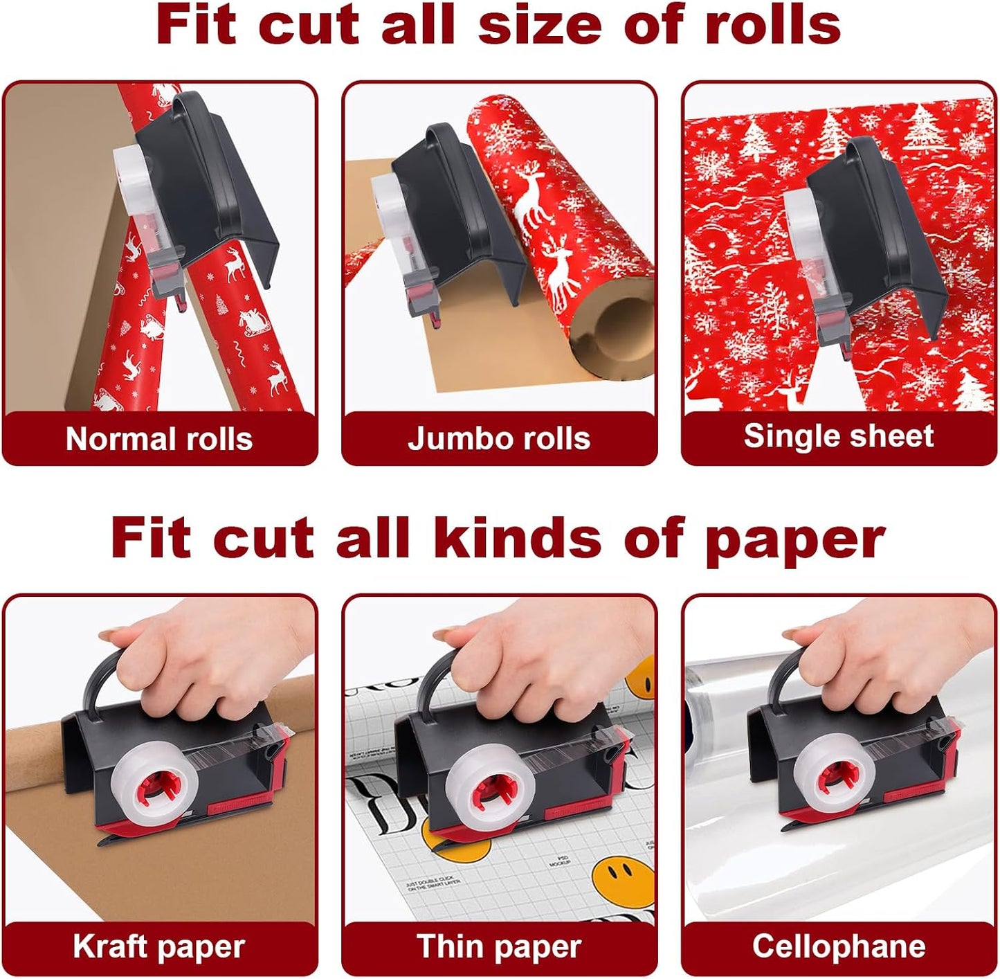 2-in-1 Wrapping Paper Cutter & Tape Dispenser, with 4 Tapes & 2 Blades ﻿ ﻿ | Sliding Gift Wrap Roll Cutter Tool with Replacement Parts, Safe & Precise Cutting for Christmas, Birthday, Crafts & Office,