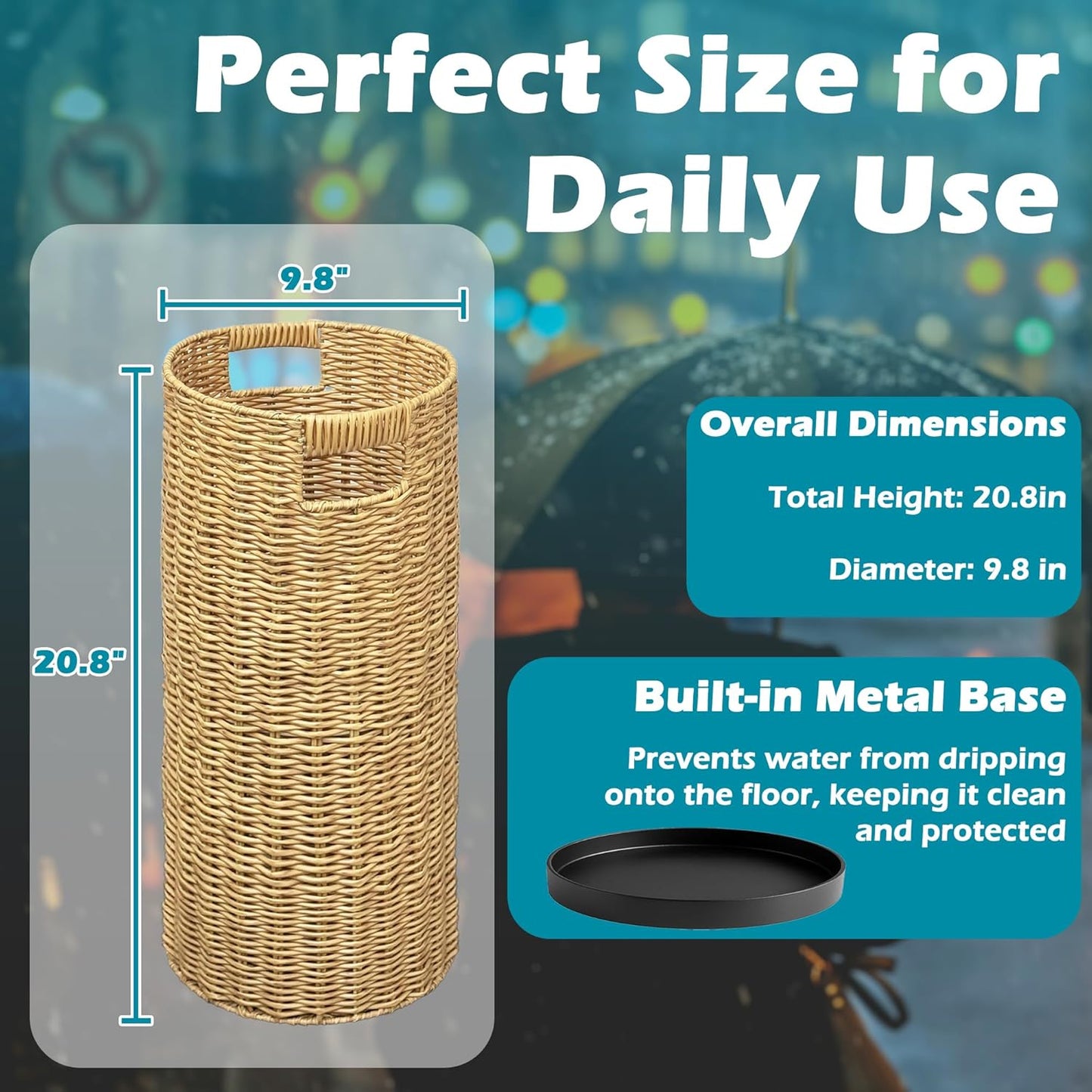 Rattan Umbrella Holder 21"H X 10"D, Handmade Wicker Umbrella Stand Indoor with Dip Tray, Sturdy Umbrella Holders for Entryway, Umbrella Bucket Fits Mudroom,Walking Canes,Home,Office (Brown)