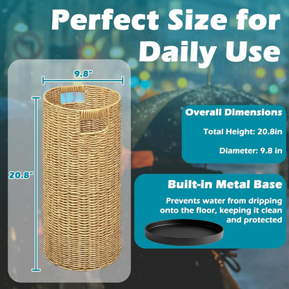 Rattan Umbrella Holder 21"H X 10"D, Handmade Wicker Umbrella Stand Indoor with Dip Tray, Sturdy Umbrella Holders for Entryway, Umbrella Bucket Fits Mudroom,Walking Canes,Home,Office (Brown)