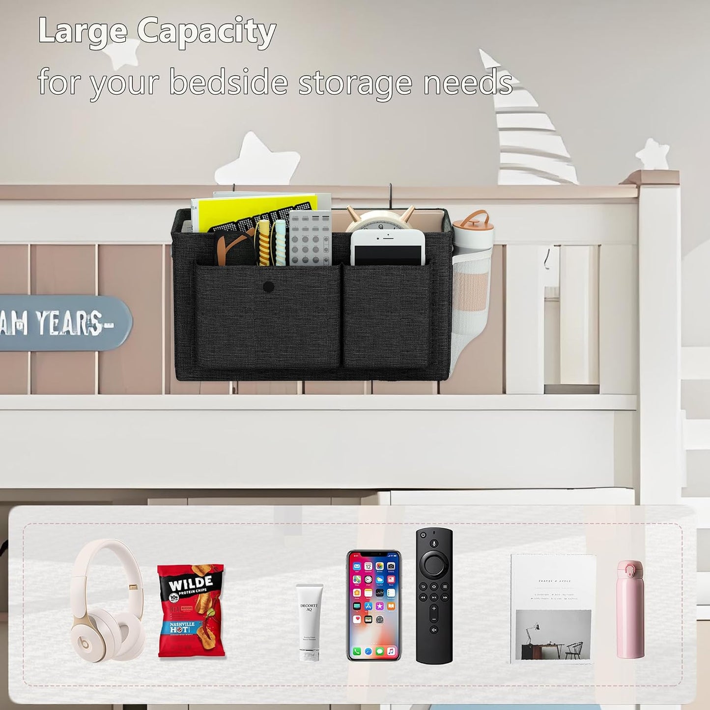 Bedside Caddy Bedside Storage Hanging Organizer for Bunk Dorm Bed Rail | Bed Caddy with Hooks, Top Bunks and Dorm Essentials for Water, Tissues, Tablets, Books, Phones, Remotes and Other Necessories