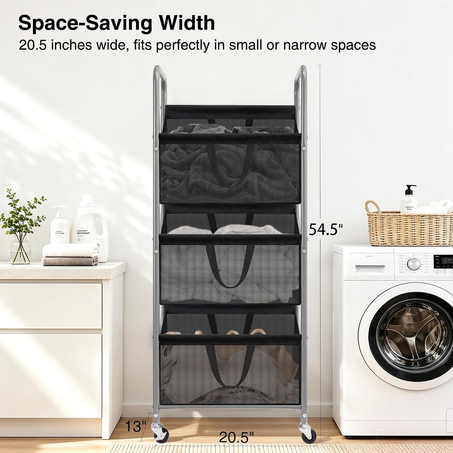 STO STO 3-Tier Vertical Rolling Laundry Hamper, Removable Bags, Black Mesh | 120L Capacity, Space-Saving Vertical Design, Rust-Resistant Steel Frame, Lockable Wheels, Ideal for Apartments & Small Spaces