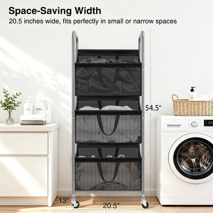 STO STO 3-Tier Vertical Rolling Laundry Hamper, Removable Bags, Black Mesh | 120L Capacity, Space-Saving Vertical Design, Rust-Resistant Steel Frame, Lockable Wheels, Ideal for Apartments & Small Spaces