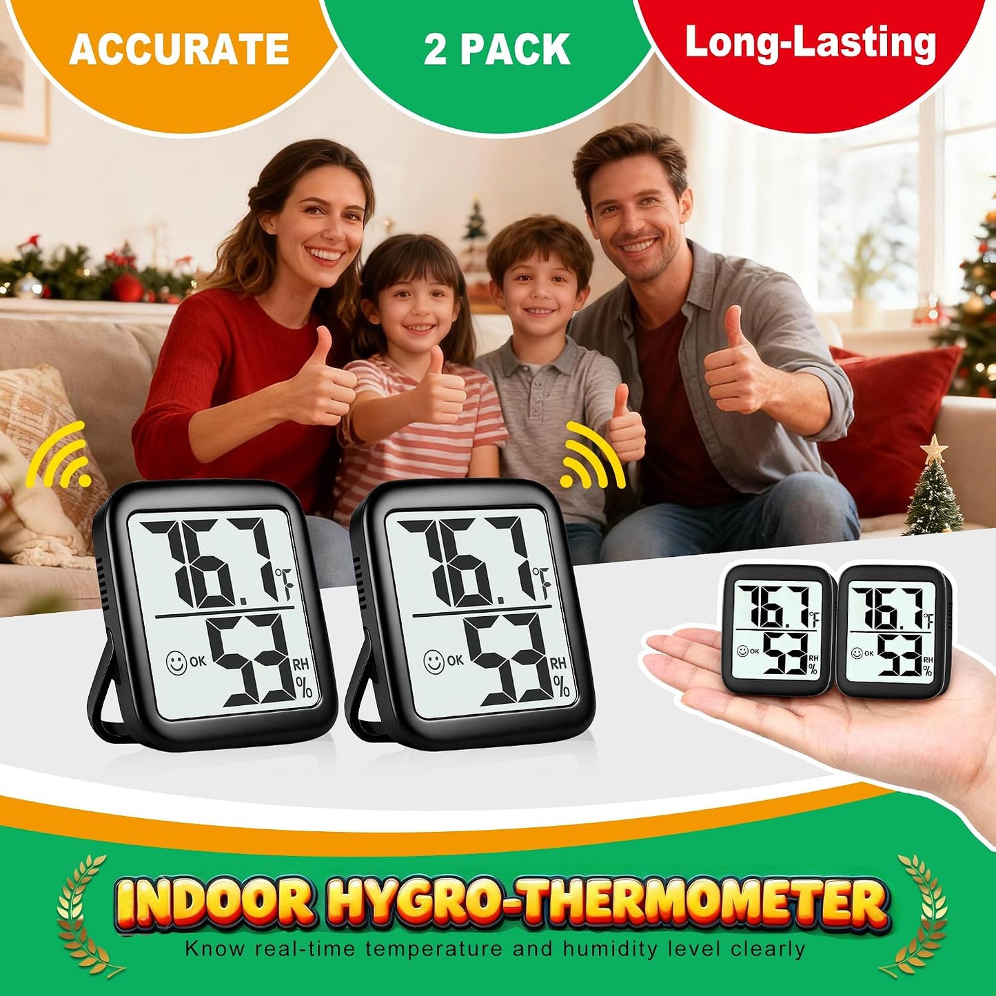 2 Pack Room Thermometer Indoor Hygrometer | Monitor Temperature & Humidity, Accurate, Fast Read, Easy To View, Magnetic/Kickstand/Hanging, ℉/℃, w/ Battery, Compact