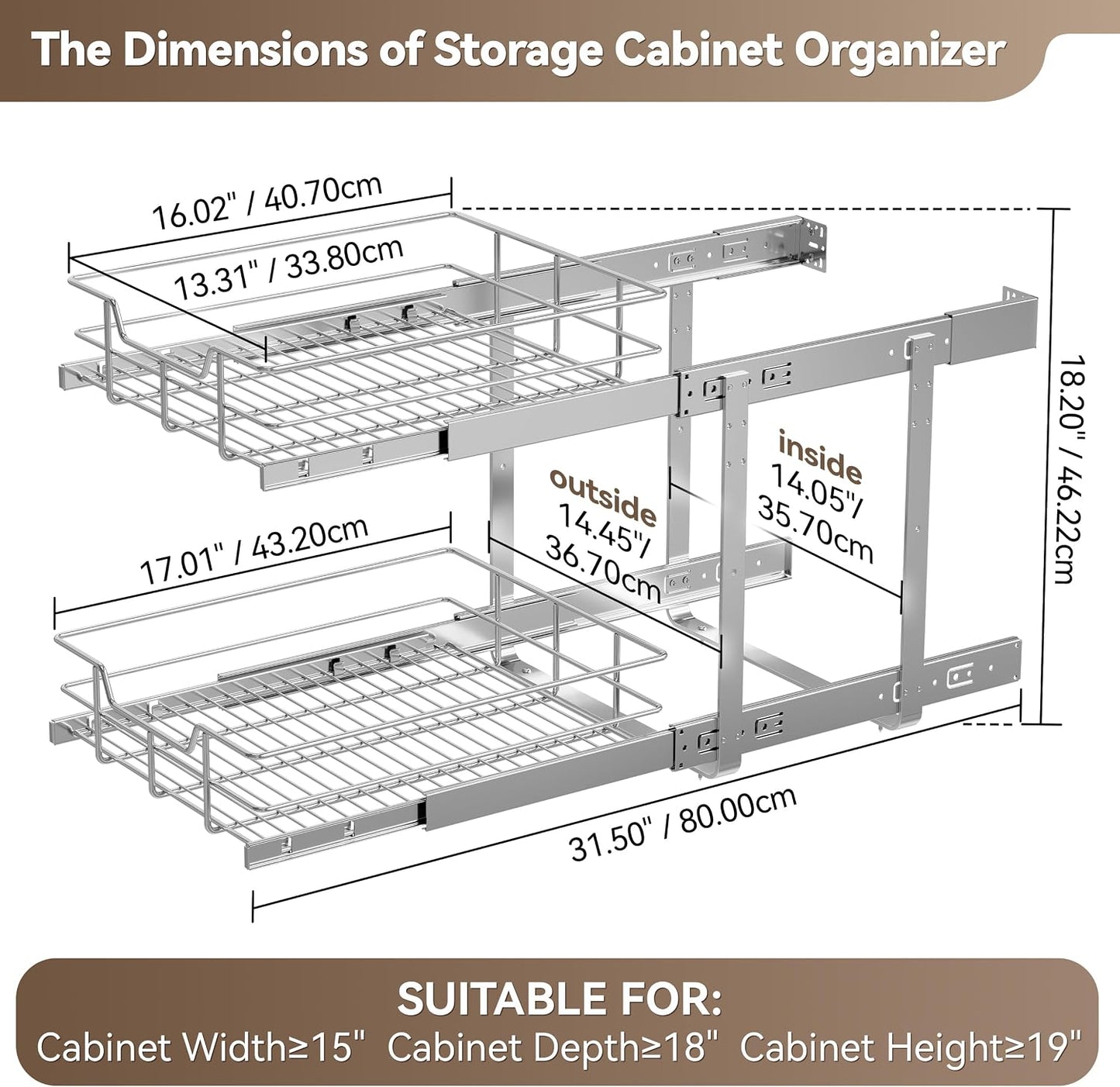 Pull Out Cabinet Organizer 15" W X 22" D, Chromed, Full Slide Out Drawers | For Kitchen Organizers and Storage, Pull Out Drawers For Cabinets Capacity Heavy Duty Caddy, Cabinet Shelves, Bathroom Pantry