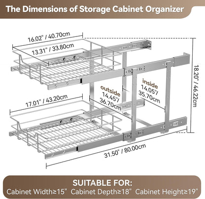 Pull Out Cabinet Organizer 15" W X 22" D, Chromed, Full Slide Out Drawers | For Kitchen Organizers and Storage, Pull Out Drawers For Cabinets Capacity Heavy Duty Caddy, Cabinet Shelves, Bathroom Pantry