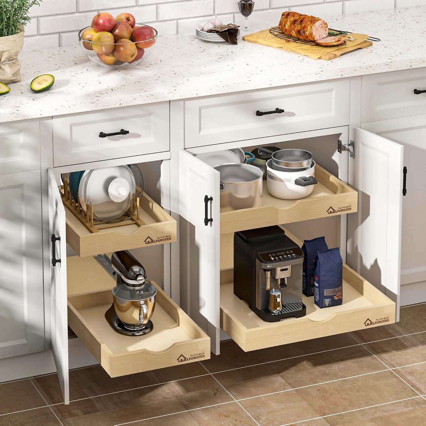 WelFurGeer Premium Birchwood Pull-Out Cabinet Drawers, 26" W x 21" D Pull Out Cabinet Organizer, Heavy-Duty Cabinet Organizer with Easy Installation, Space-Saving Pullout Drawer for Home & Kitchen