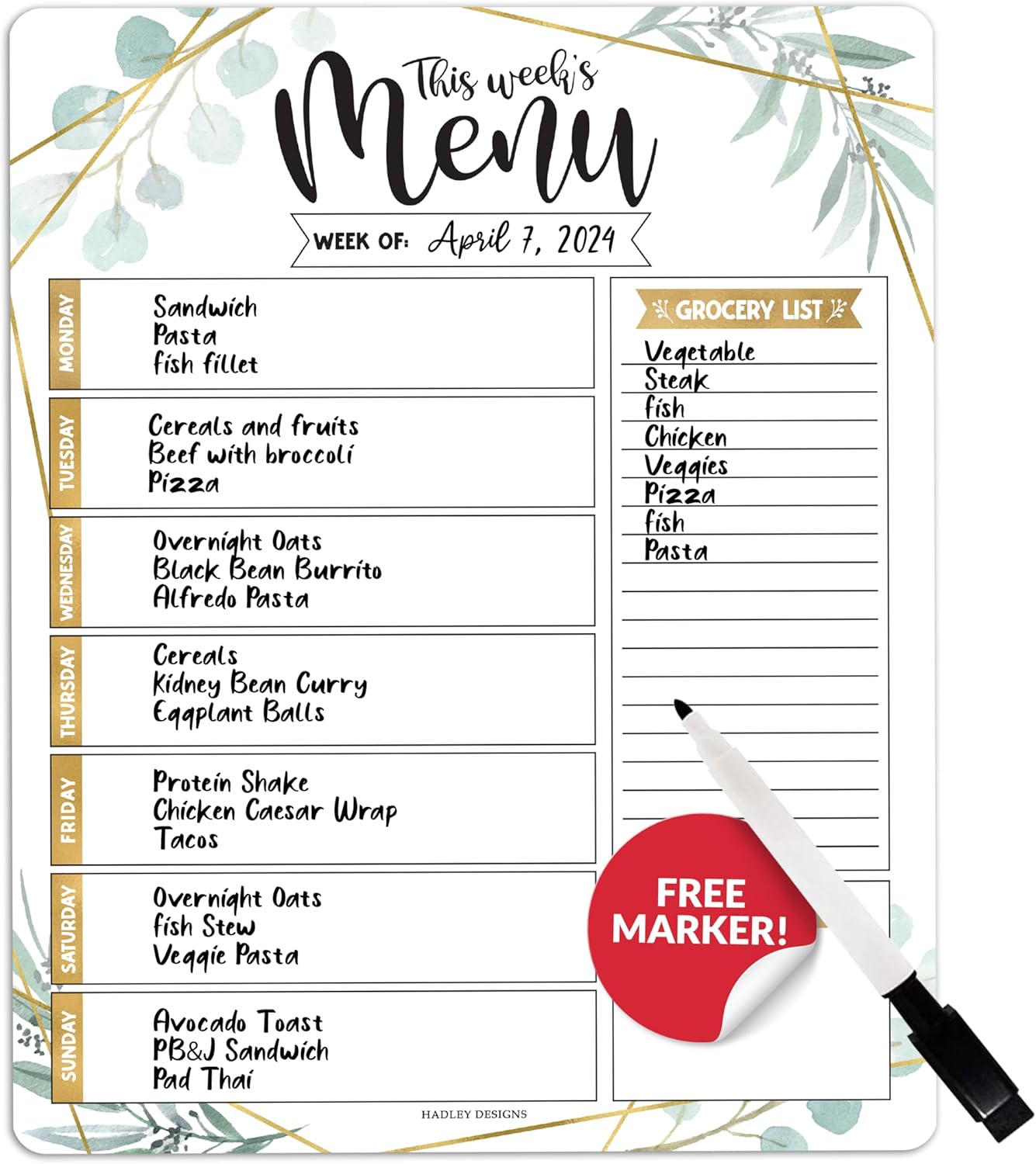 Hadley Designs Weekly Meal Planner for Fridge - Dinner Menu Board for Kitchen, Colorful Weekly Menu Board Dry Erase, Dry Erase Meal Planner for Fridge