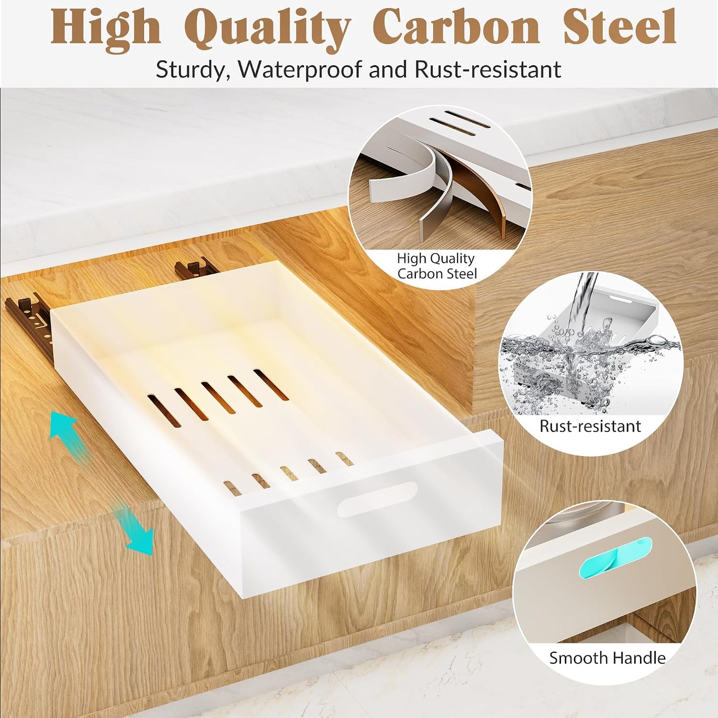 HBL' 1 Pack | 21" Deep Pull Out Cabinet Organizer Adhesive, 10-Inch Wide Sturdy Carbon Steel Roll-Out Drawers, Designed for Frameless Cabinets, Slide-Out Shelves for Pantry.
