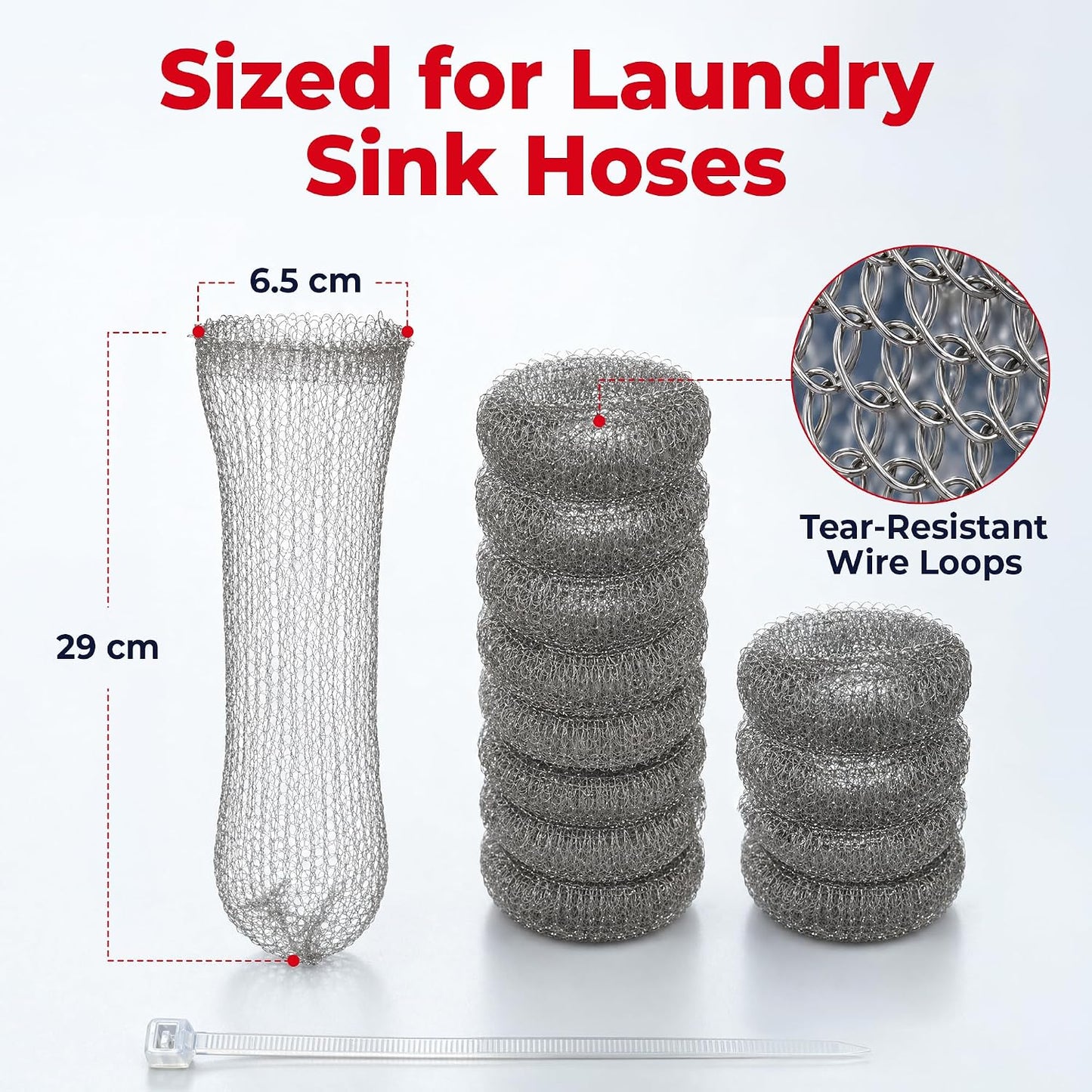 Washing Machine Lint Trap Stainless Steel 12-Pack | 29cmx6.5cm, Hose Filter, Mesh Drain Catcher, Washer Sock Remover, Rust-Free Snare Laundry Filter with Nylon Cable Ties