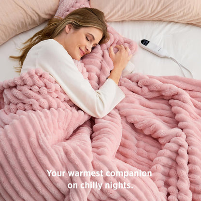 Bedsure Heated Blanket Electric Throw - Thick Striped Fast Heating Electric Blanket with Preheat Function, 6 Heat & 6 Timer (Up to 10H), 8H Auto Off, ETL Certified, Gifts for Women (50"x60", White)