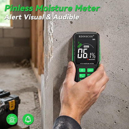 Pinless Moisture Meter for Wall,Floor – Digital Moisture Tester | With 3-Color LCD Display, Audible Alarm & HOLD Function, Ideal for Home Inspections