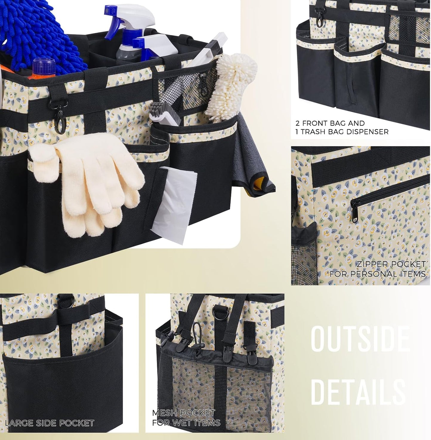 SCAVATA Wearable Cleaning Caddy, Cleaning Caddy Supplies Organizer with Handle & Shoulder Straps for Housekeepers, Under Sink & Car Cleaning Tool Organizers Bag with 4 Foldable Divider (NavyBlue)