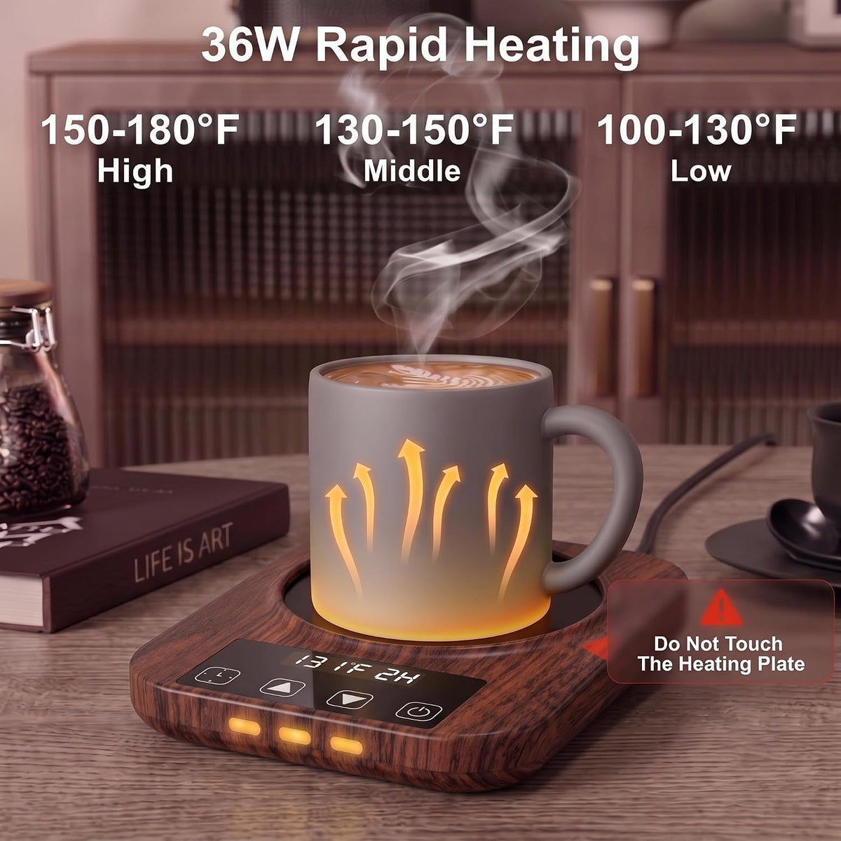 Coffee Mug Warmer for Desk - 9 Temperature Settings (100°F-180°F) Smart Electric Cup Warmer with 1-12H Timer, Large Heating Plate Auto Shut Off Coffee Warmer，Walnut