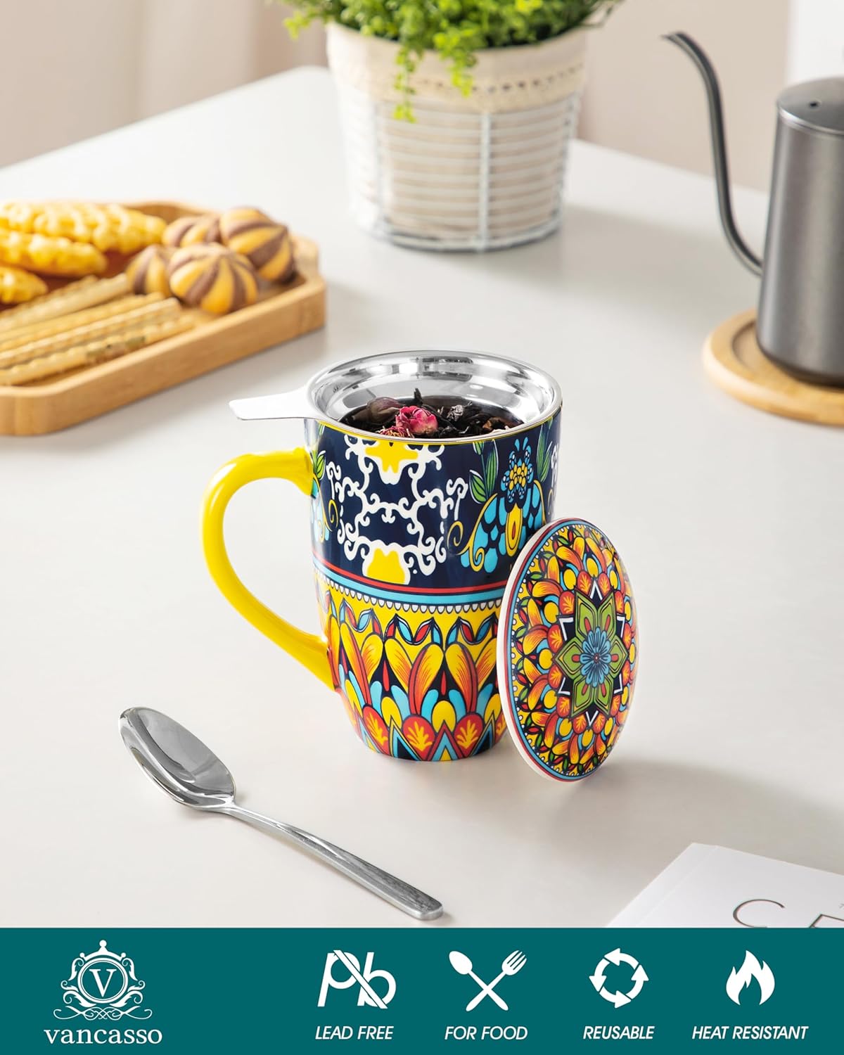 vancasso 18 Oz Tea Infuser Mug with Lid, Mint Petal Whirl | Eye catching Bohemian pattern, adds charm to any tea corner, ceramic mug with infuser, microwave and dishwasher safe