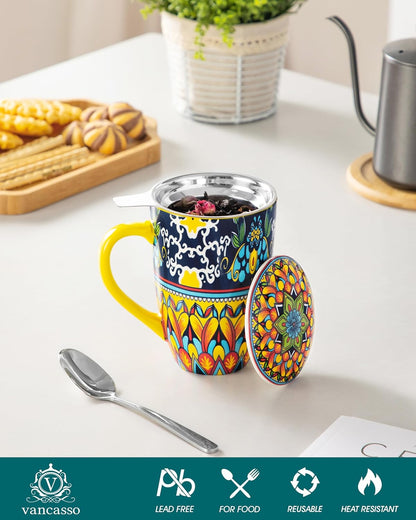 vancasso 18 Oz Tea Infuser Mug with Lid, Mint Petal Whirl | Eye catching Bohemian pattern, adds charm to any tea corner, ceramic mug with infuser, microwave and dishwasher safe